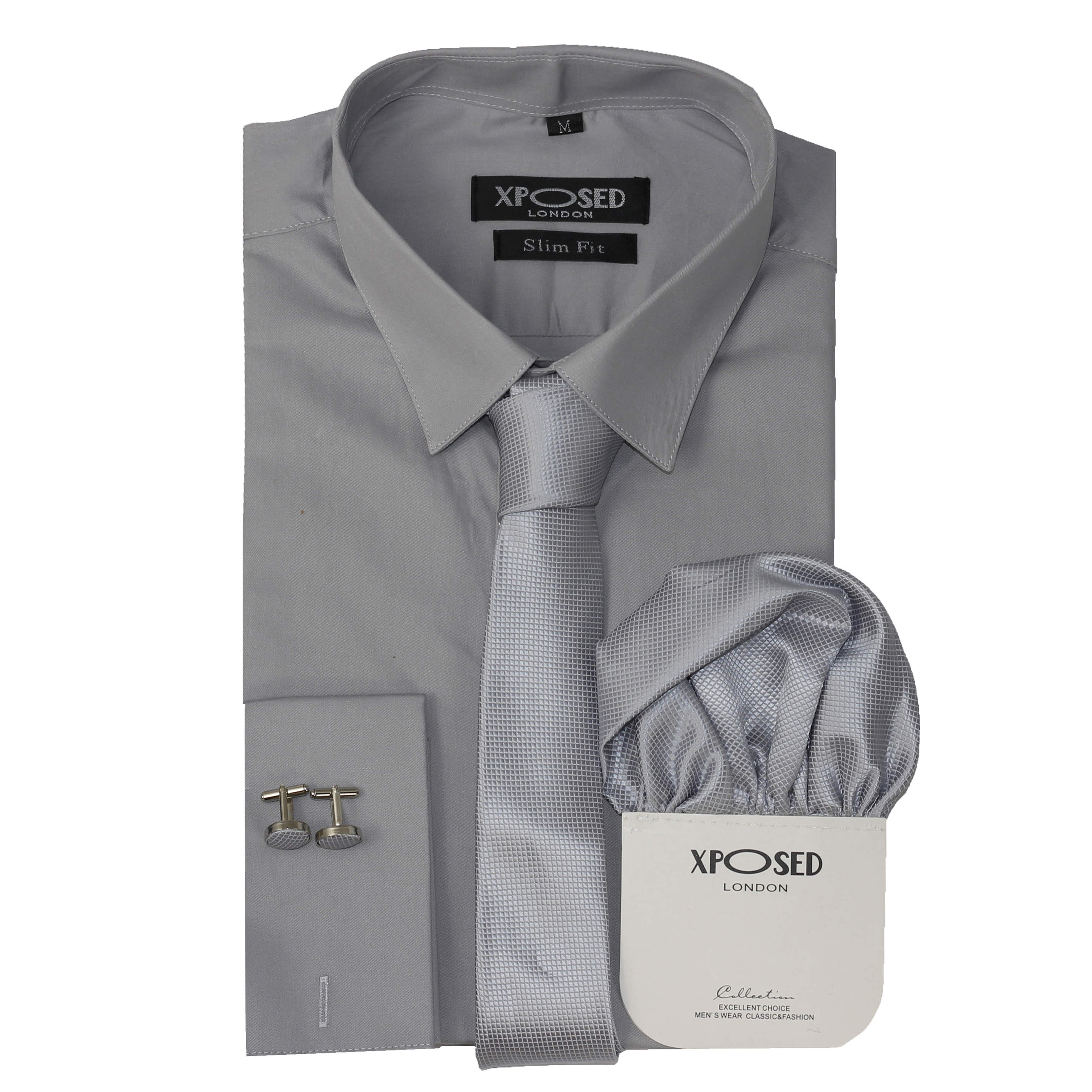 Mens Classic Cotton Slim Fit Shirt Tie Hanky Cufflinks Smart Casual